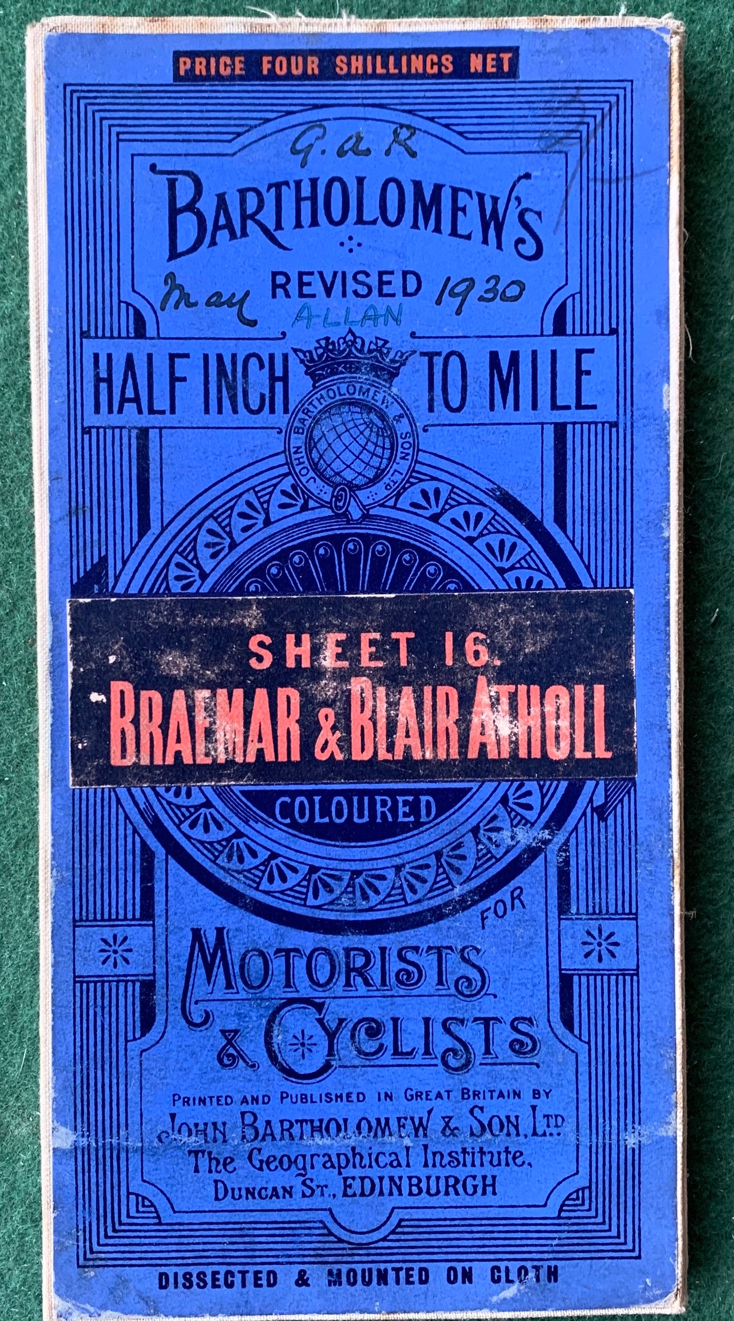 1930s Bartholomew's Half Inch to Mile Map of Braemar & Blair Atholl Sheet 16