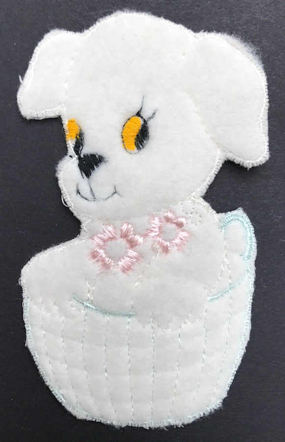 Big Puppy in a Basket ..Vintage 13cm Applique..Swiss Made