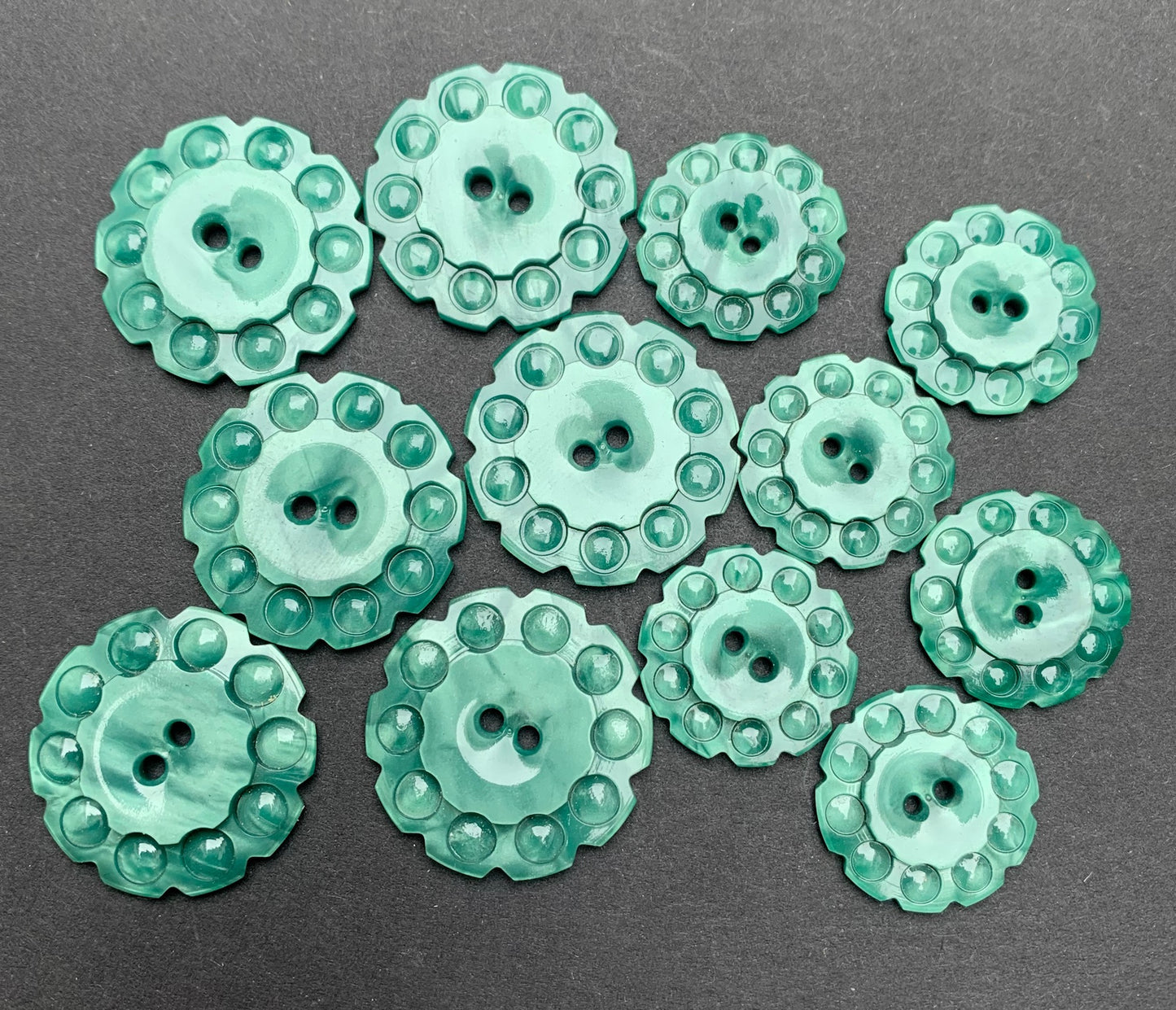 6 Silvery Green Vintage 1940s French Buttons - 2.2cm or 1.7cm