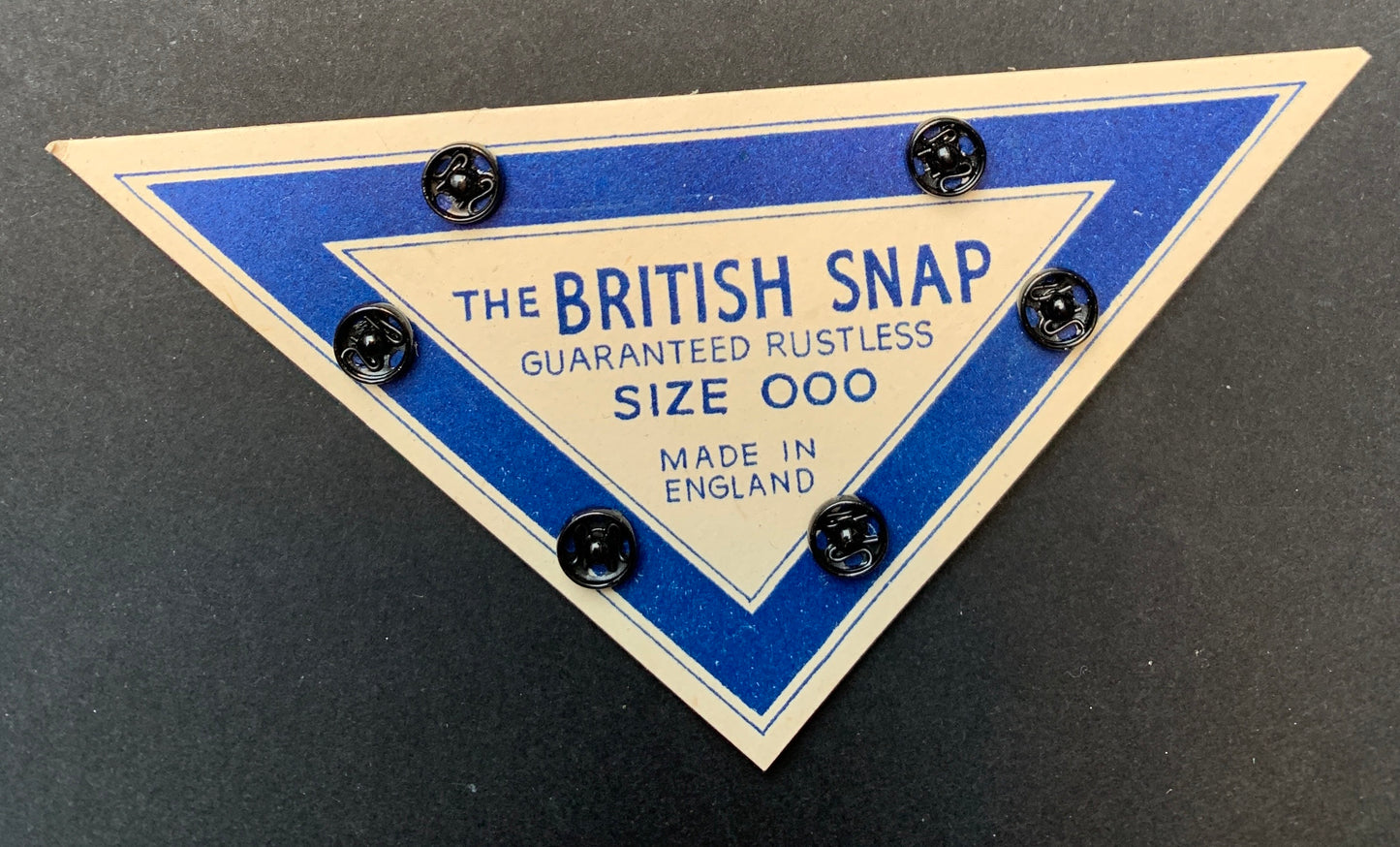 Triangle of British 1940s BLACK 5mm or 1cm PRESS STUDS / SNAP FASTENERS