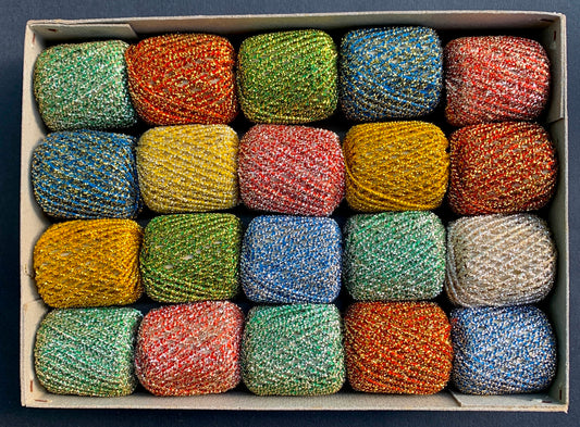 Vintage Box of 20 Reels of Sparkly Cotton and Metallic Strands Thread