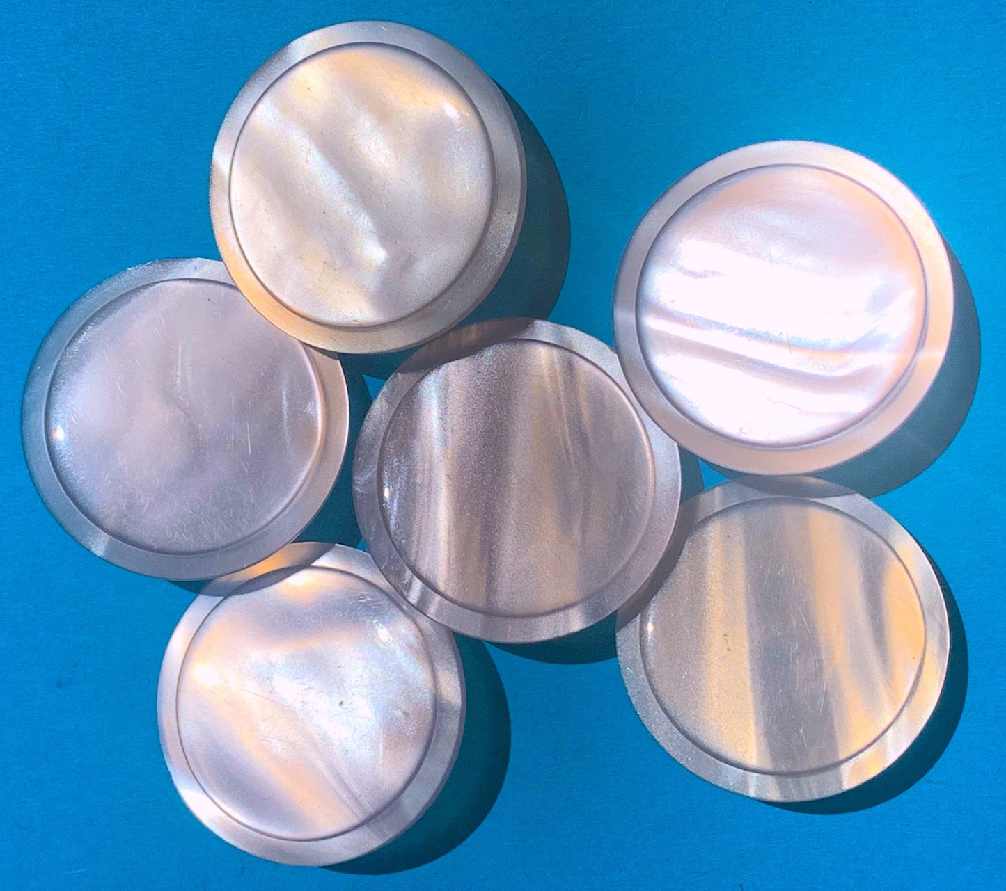 6 Shimmery 1940s Moonglow Lucite Silvery Pink Buttons - 3.2cm, 2.5cm, 2cm or 1.6cm - Made in England