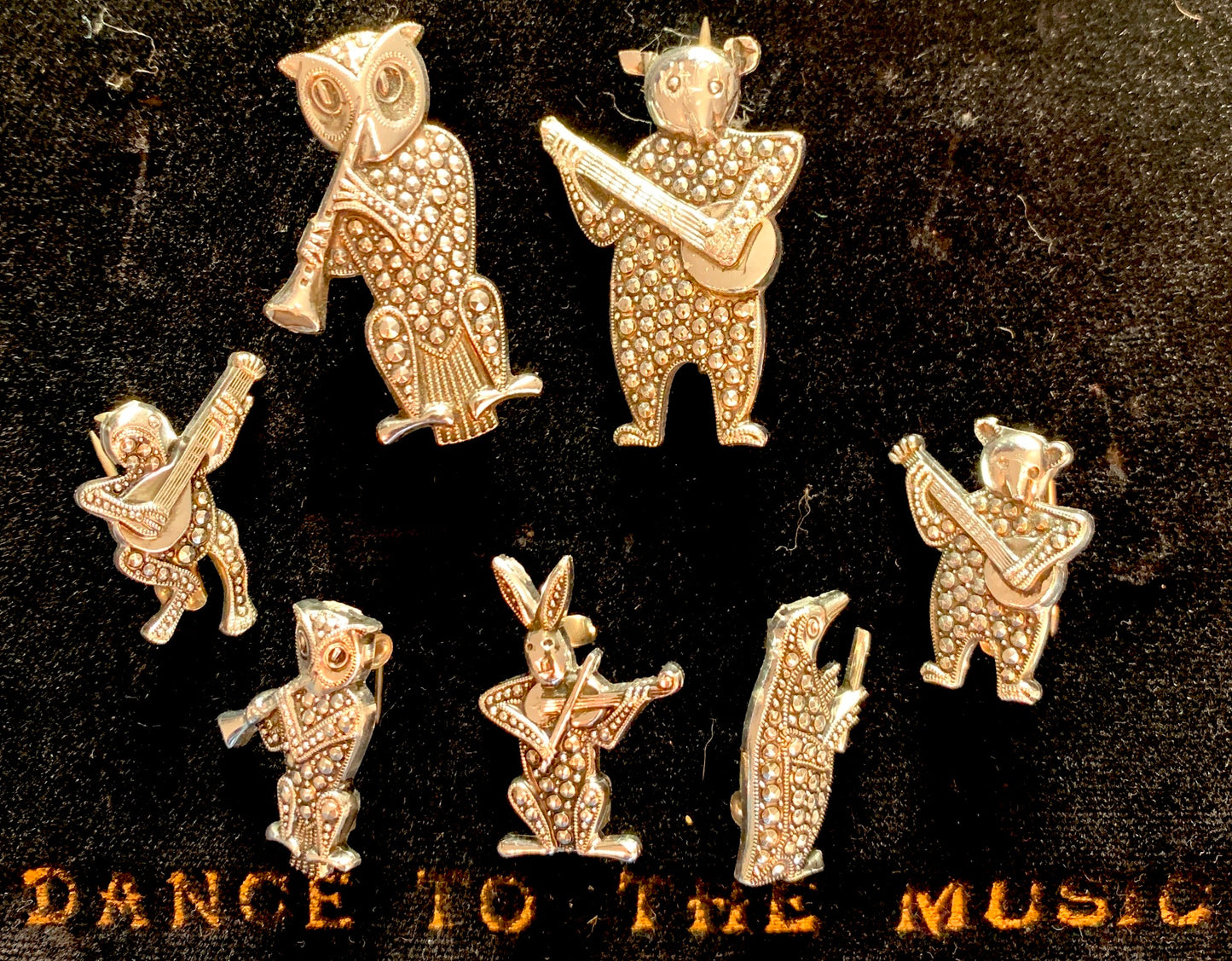 1940s Little Clarinet Playing Owl Faux Marcasite Brooch - 2.3cm Tall