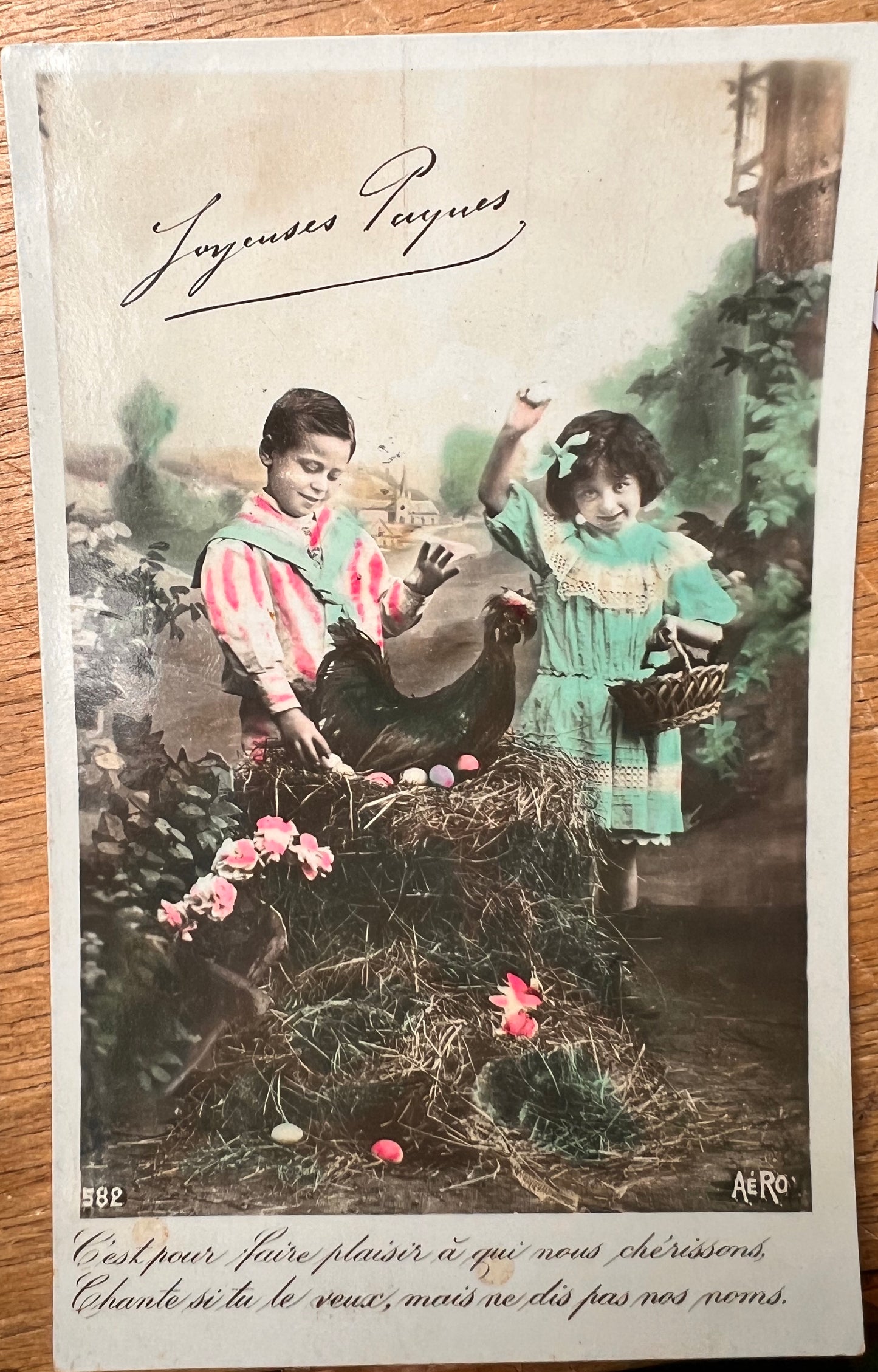 Small Children Large Chicken on 1910 French Easter Postcard