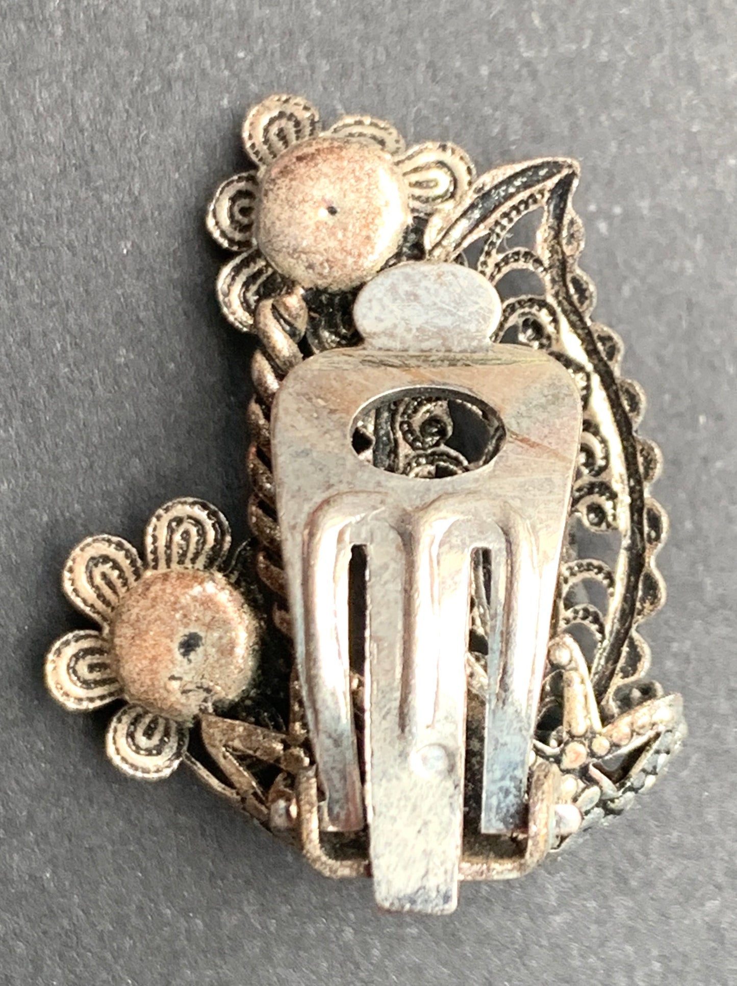 Pale Green/Grey Vintage Filigree and Crystal Flowers and Leaf Clip On Earrings