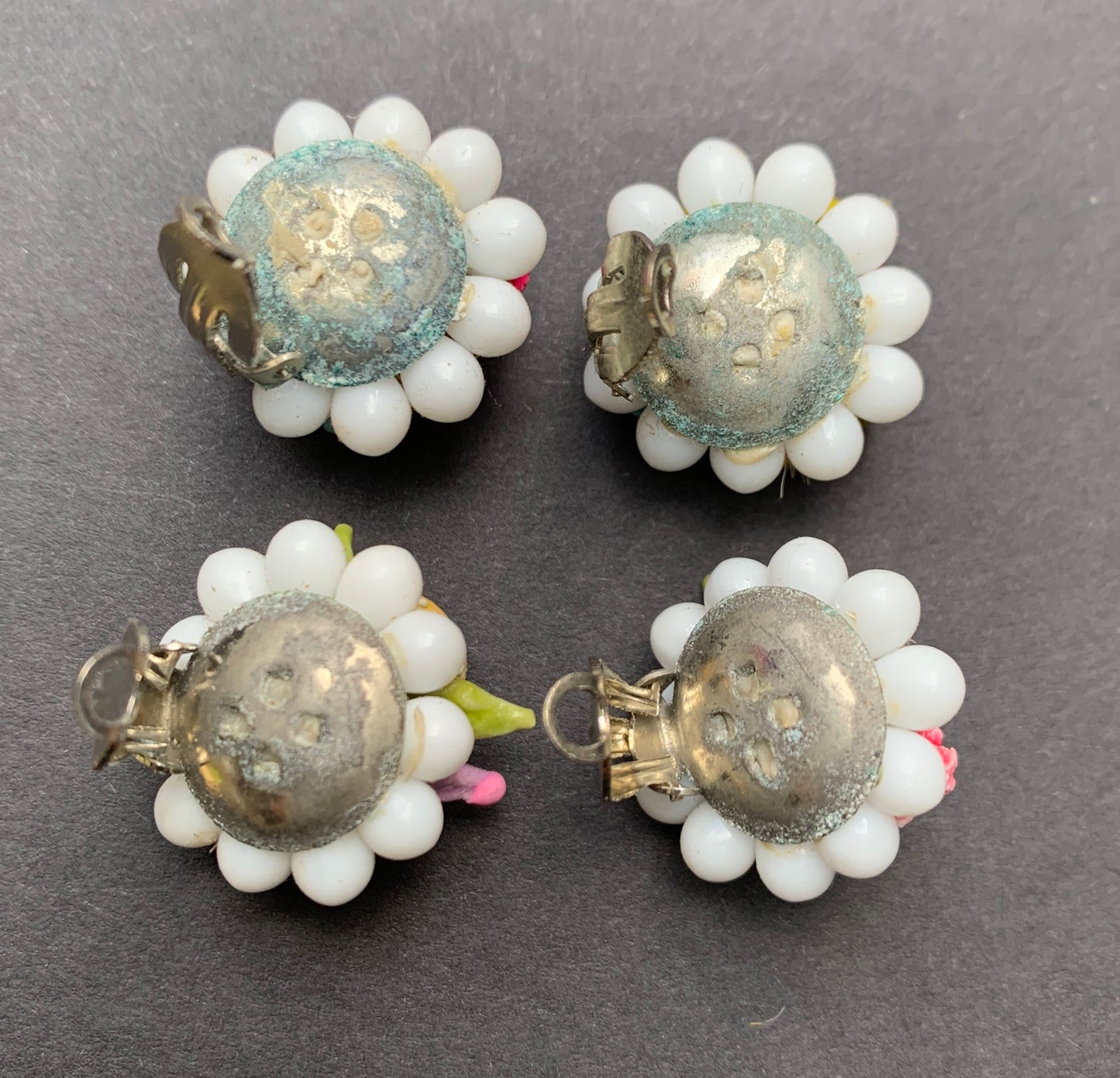 Pretty Pastel Nest of Flowers 1950s Czechoslovakian Glass and Paste Clip-on Earrings