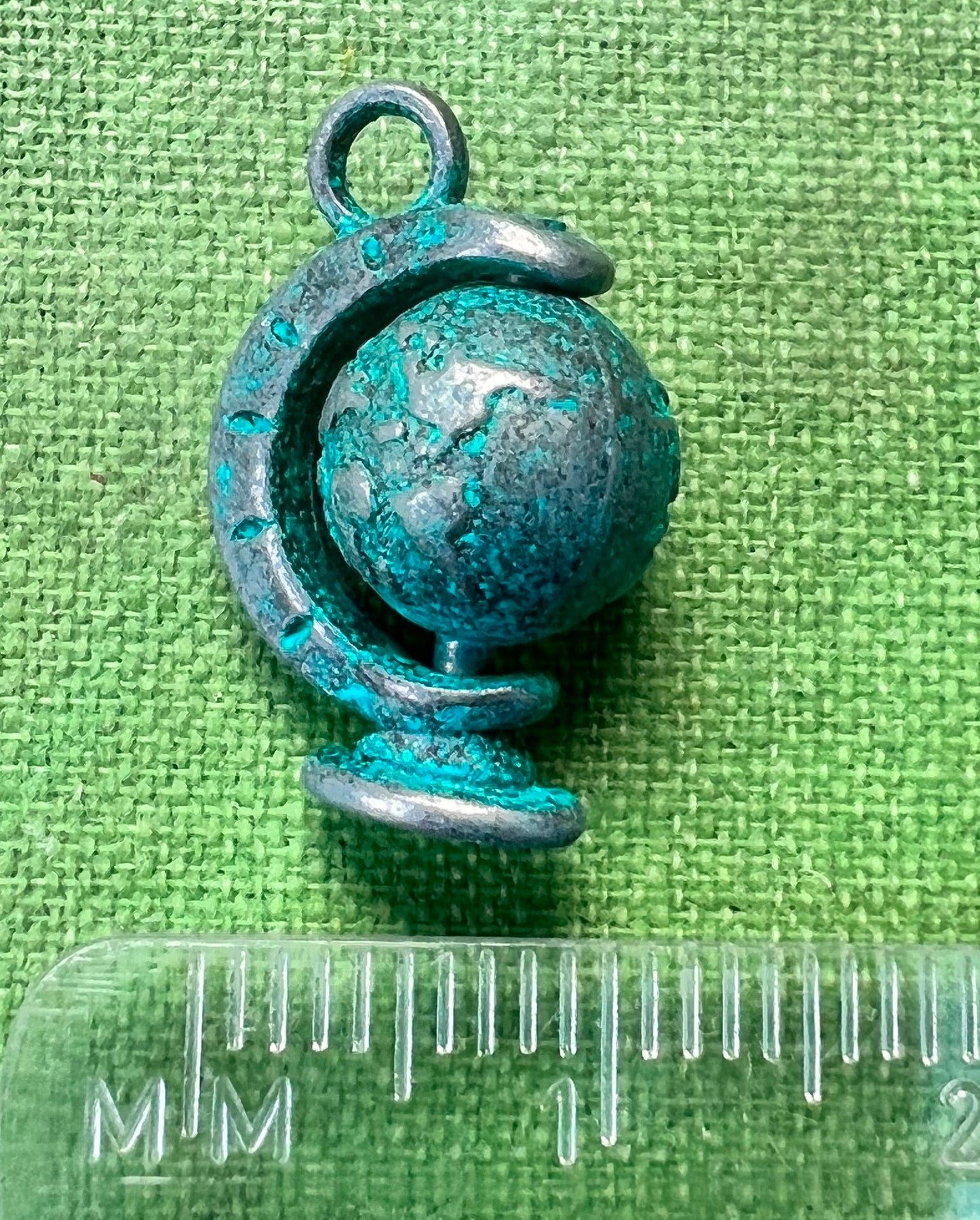 Rotating Globe 1.5cm Verdigris Pendant / Charm