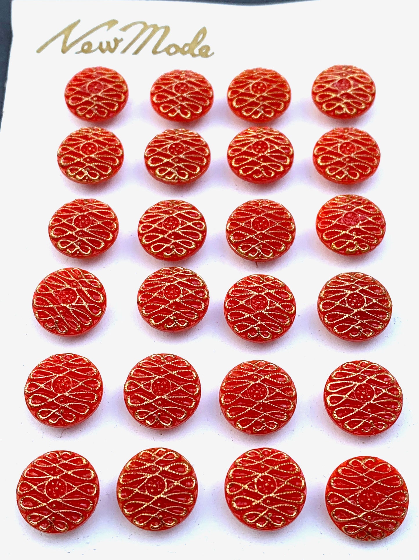 24 Vintage 1950s Theatrical Red & Gold 1.4cm "New Mode" Glass Buttons
