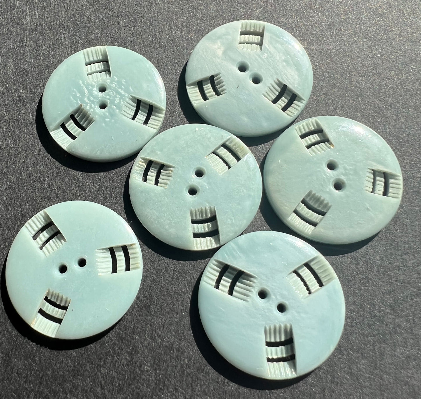 6 Soft Blue Grey Vintage French Buttons 1.7cm or 2.2cm wide.