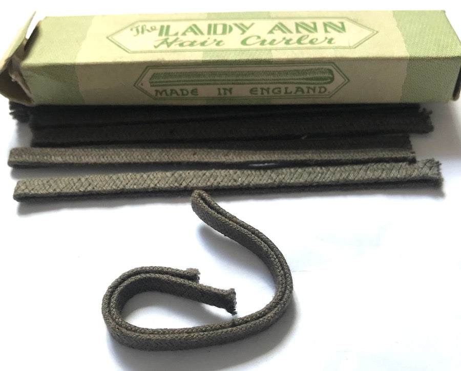1930s Box of 6 x 6" long Lady Ann fabric covered Hair Curlers