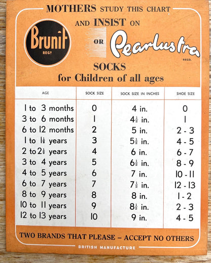 Old Shop Point of Sale Size Chart for Childrens Feet and Socks