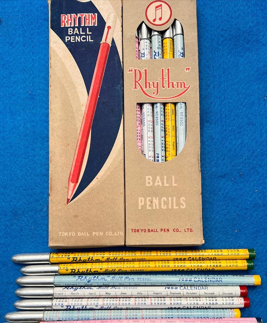 Box of 12 Rhythm Ball Pencils (Pens !) Decorated with 1958 Calendar