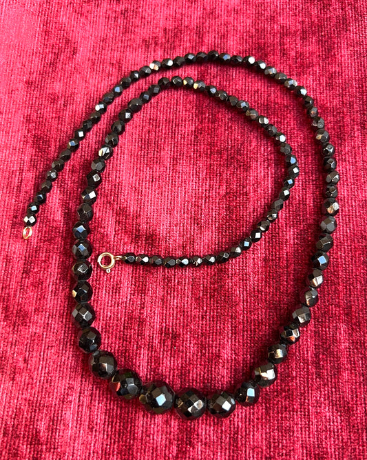 Long (62cm) 1930s Graduated Black Glass Faceted Bead Necklace