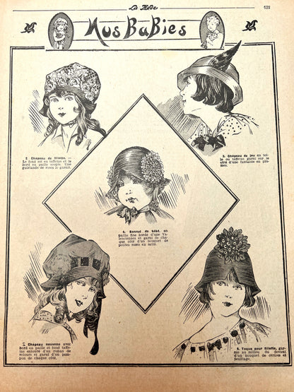 Delightful Little Girls Hats, Extraordinary Women's Hats, Fashion and Crafts in June 1916 French Magazine La Mode. Issue No.23