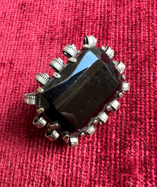 Mid Century Faceted Black Glass Brooch