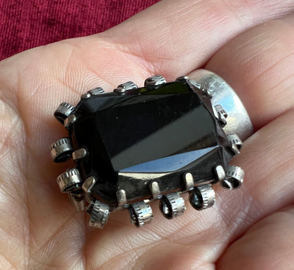 Mid Century Faceted Black Glass Brooch