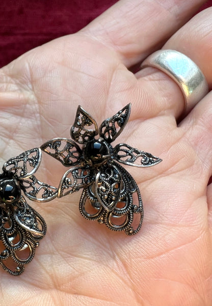 Filigree and Black Glass Vintage Clip On Earrings