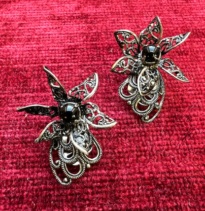 Filigree and Black Glass Vintage Clip On Earrings