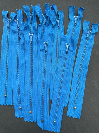 10 Vintage 6" Bright Cornflower Blue Y.K.K Metal Teeth Zips