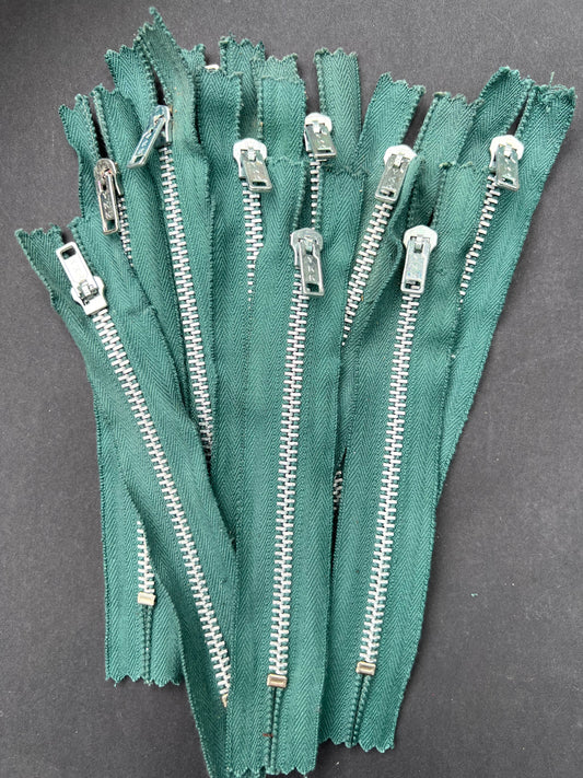 10 Lovely Chunky Vintage 6" Forest Green Y.K.K Metal Teeth Zips