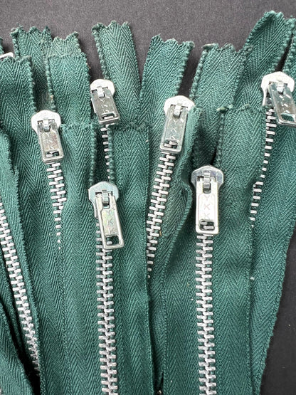 10 Lovely Chunky Vintage 6" Forest Green Y.K.K Metal Teeth Zips