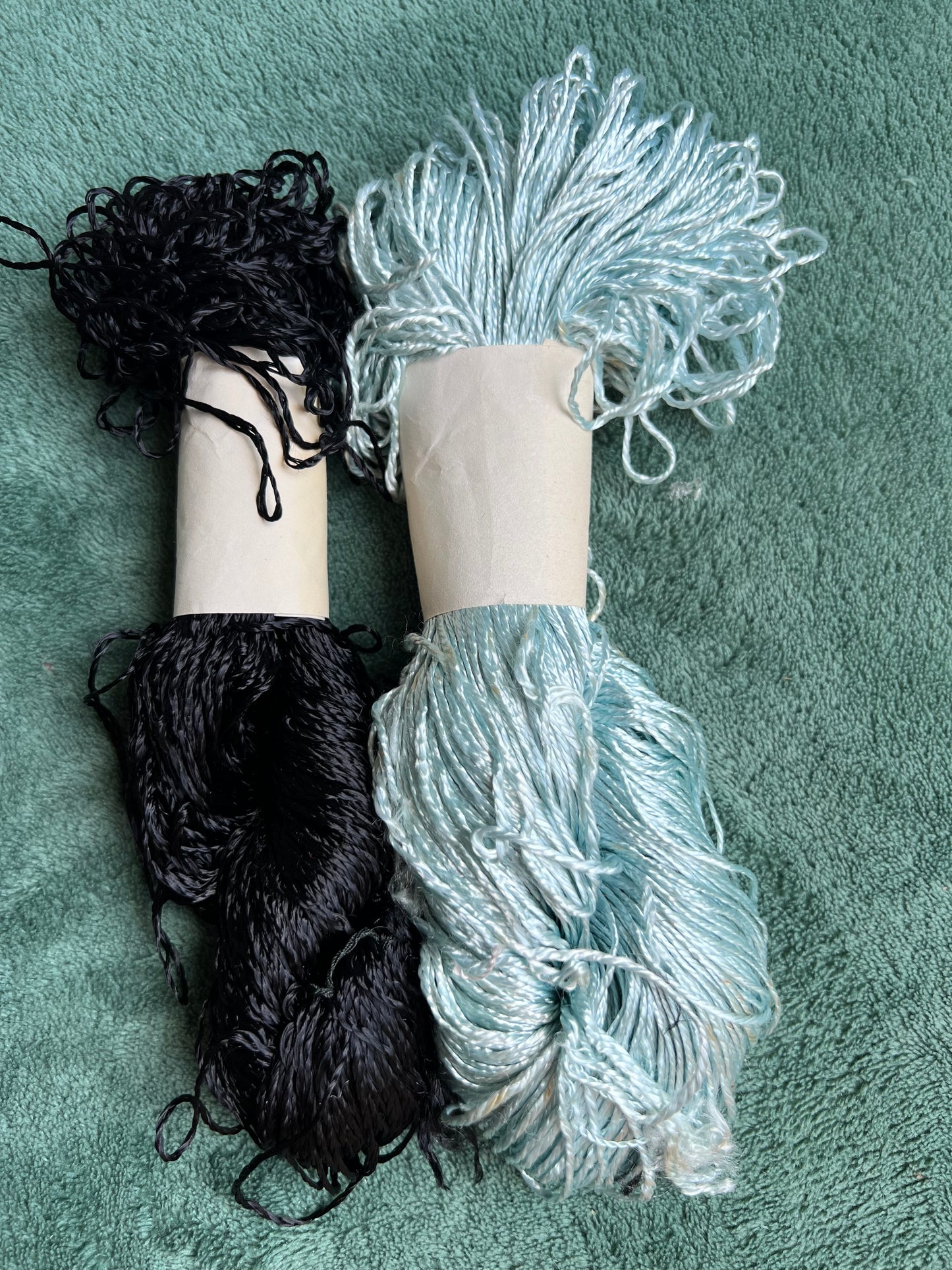 2 Skeins of Vintage Silvery Blue + Black 1/2mm Silky Rayon Thread -with Some Discolouration.
