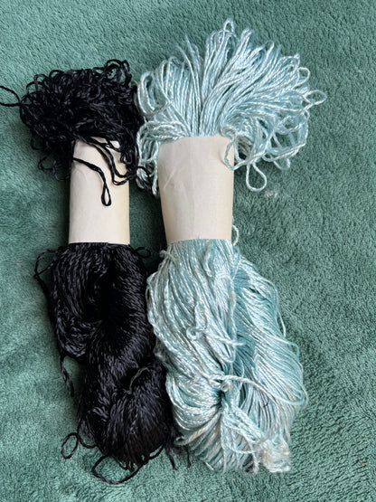 2 Skeins of Vintage Silvery Blue + Black 1/2mm Silky Rayon Thread -with Some Discolouration.