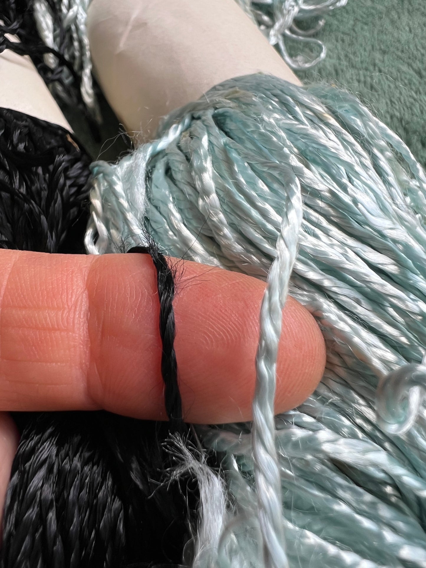 2 Skeins of Vintage Silvery Blue + Black 1/2mm Silky Rayon Thread -with Some Discolouration.