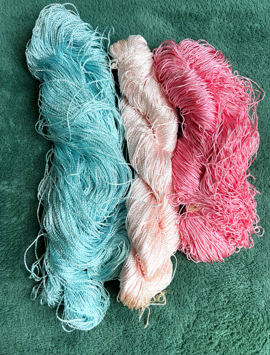3 Skeins of Vintage Silvery Pink , Dark Pink + Sky Blue 1/2mm Silky Rayon Thread -with Some Discolouration.