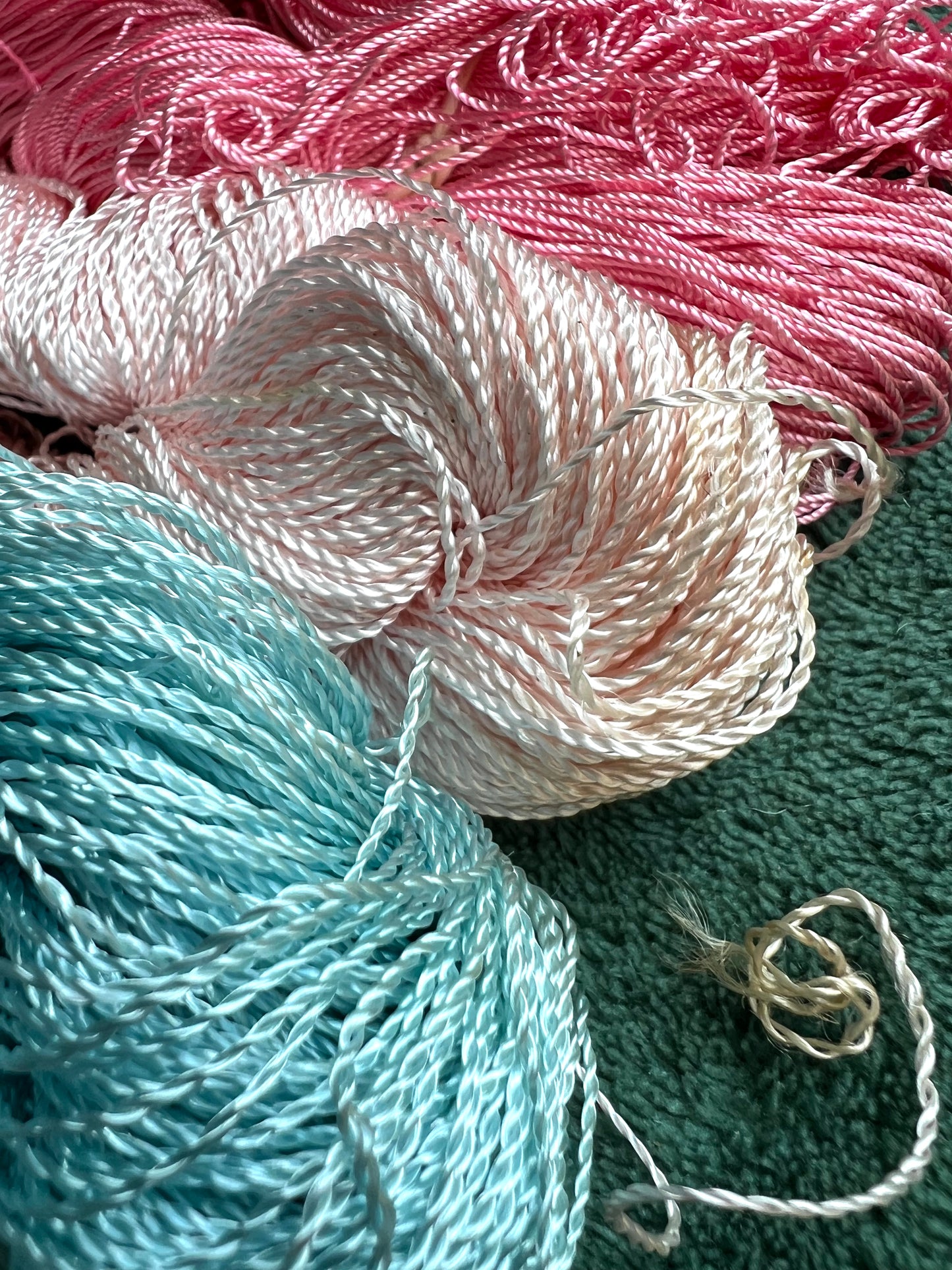 3 Skeins of Vintage Silvery Pink , Dark Pink + Sky Blue 1/2mm Silky Rayon Thread -with Some Discolouration.