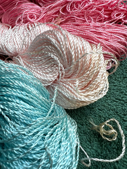 3 Skeins of Vintage Silvery Pink , Dark Pink + Sky Blue 1/2mm Silky Rayon Thread -with Some Discolouration.