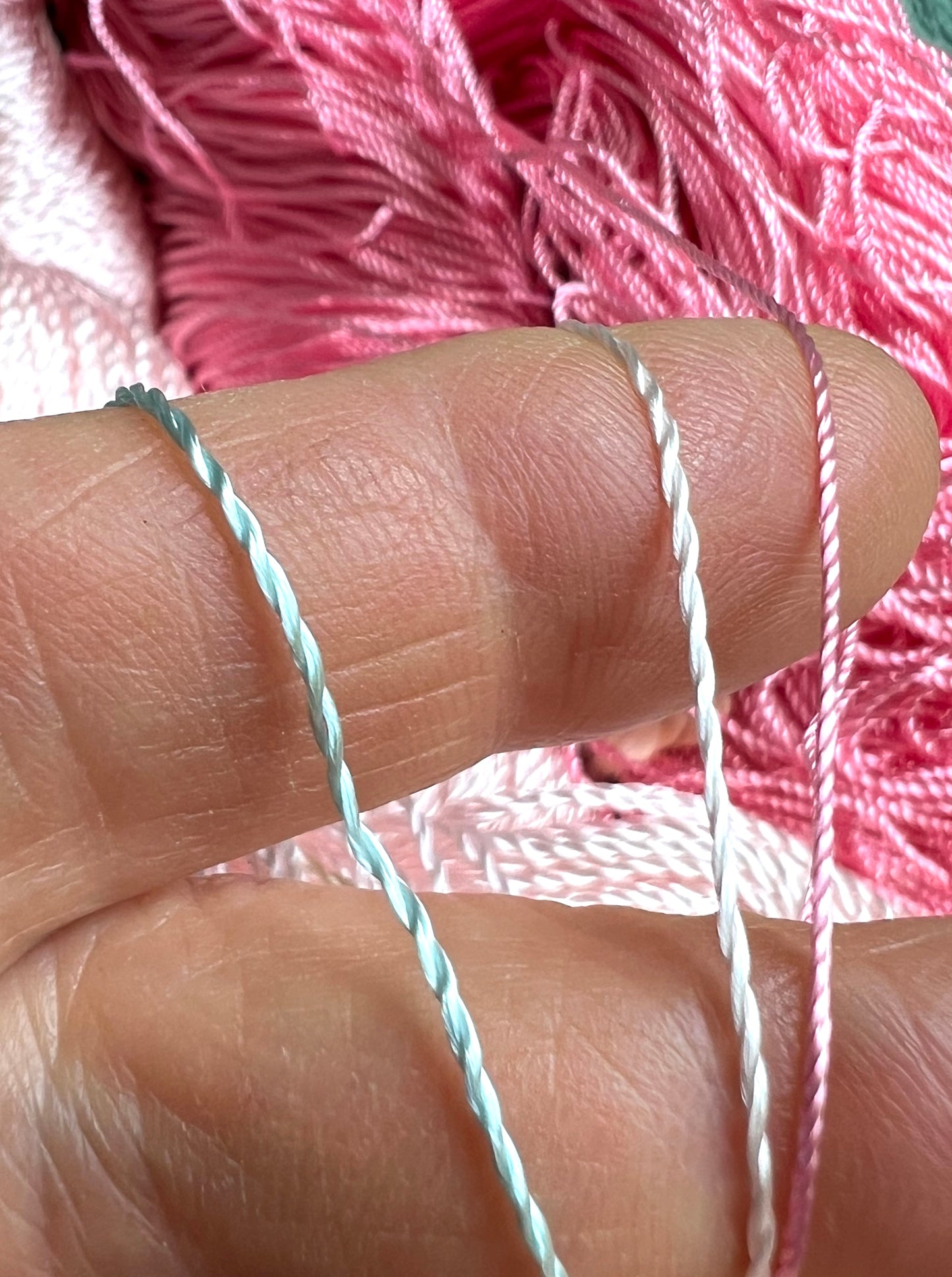 3 Skeins of Vintage Silvery Pink , Dark Pink + Sky Blue 1/2mm Silky Rayon Thread -with Some Discolouration.