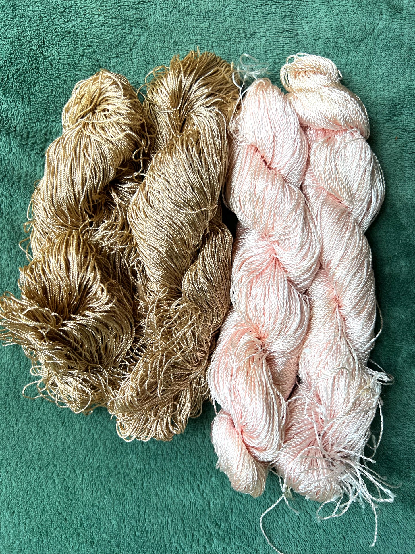 4 Skeins of Vintage Silvery Light Pink  + Fawn  1/2mm Silky Rayon Thread -with Some Discolouration.