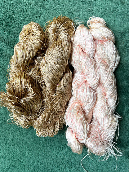 4 Skeins of Vintage Silvery Light Pink  + Fawn  1/2mm Silky Rayon Thread -with Some Discolouration.