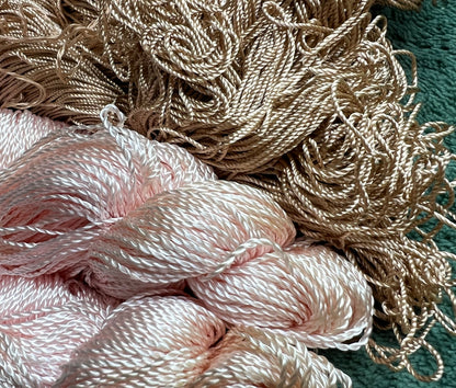 4 Skeins of Vintage Silvery Light Pink  + Fawn  1/2mm Silky Rayon Thread -with Some Discolouration.