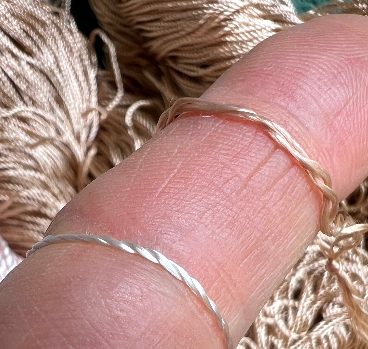 4 Skeins of Vintage Silvery Light Pink  + Fawn  1/2mm Silky Rayon Thread -with Some Discolouration.