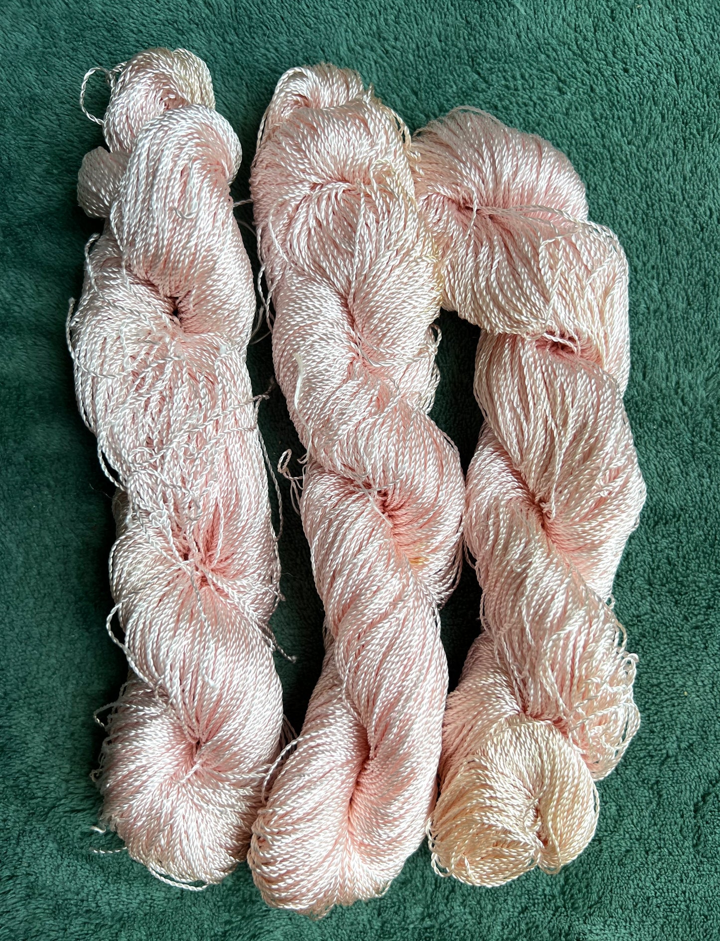 3 Skeins of Vintage Silvery Light Pink   1/2mm Silky Rayon Thread -with Some Discolouration.