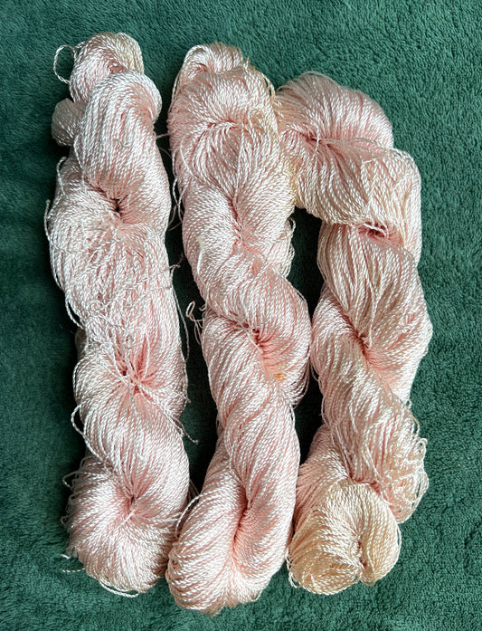 3 Skeins of Vintage Silvery Light Pink   1/2mm Silky Rayon Thread -with Some Discolouration.