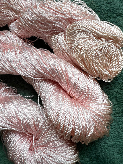 3 Skeins of Vintage Silvery Light Pink   1/2mm Silky Rayon Thread -with Some Discolouration.