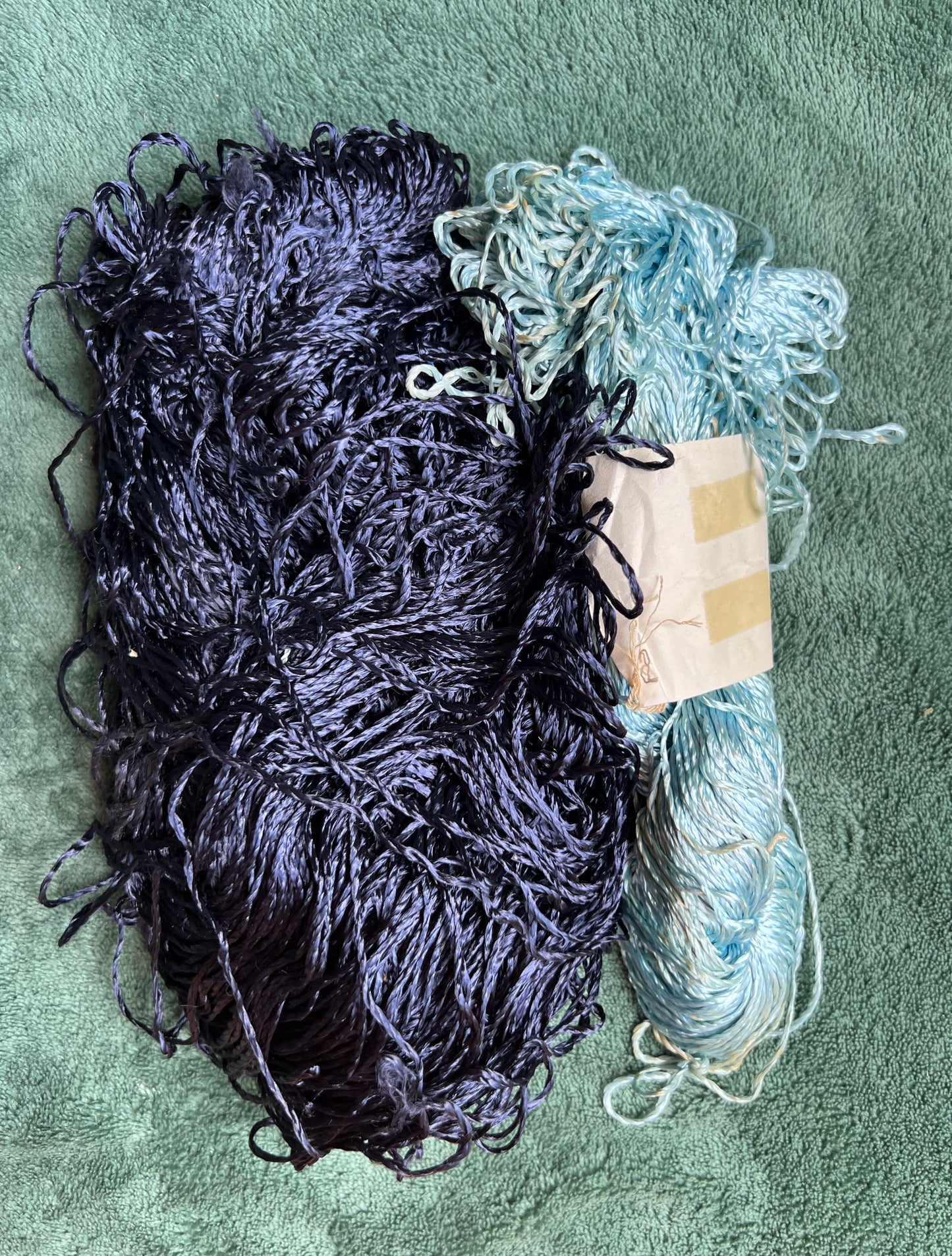 2 Skeins of Vintage Silvery Blue + Navy Blue 1/2mm Silky Rayon Thread -with Some Discolouration.