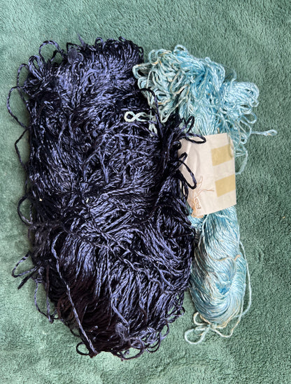 2 Skeins of Vintage Silvery Blue + Navy Blue 1/2mm Silky Rayon Thread -with Some Discolouration.