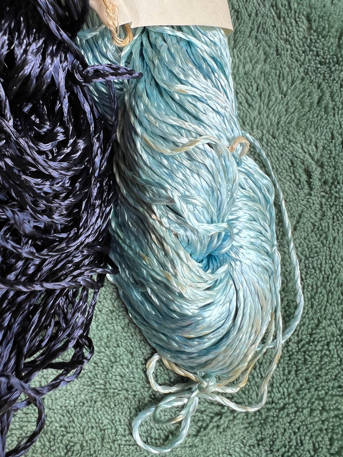 2 Skeins of Vintage Silvery Blue + Navy Blue 1/2mm Silky Rayon Thread -with Some Discolouration.
