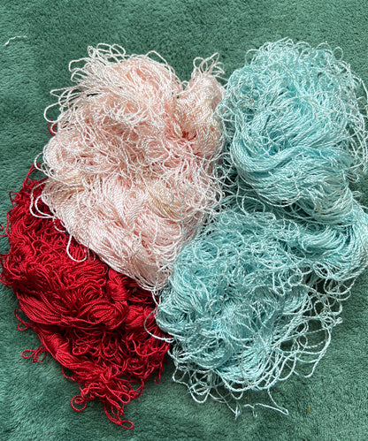 3 Skeins of Vintage Silvery Pink , Dark Red + Sky Blue 1/2mm Silky Rayon Thread -Unwound and with Some Discolouration.