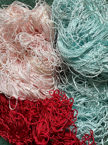 3 Skeins of Vintage Silvery Pink , Dark Red + Sky Blue 1/2mm Silky Rayon Thread -Unwound and with Some Discolouration.