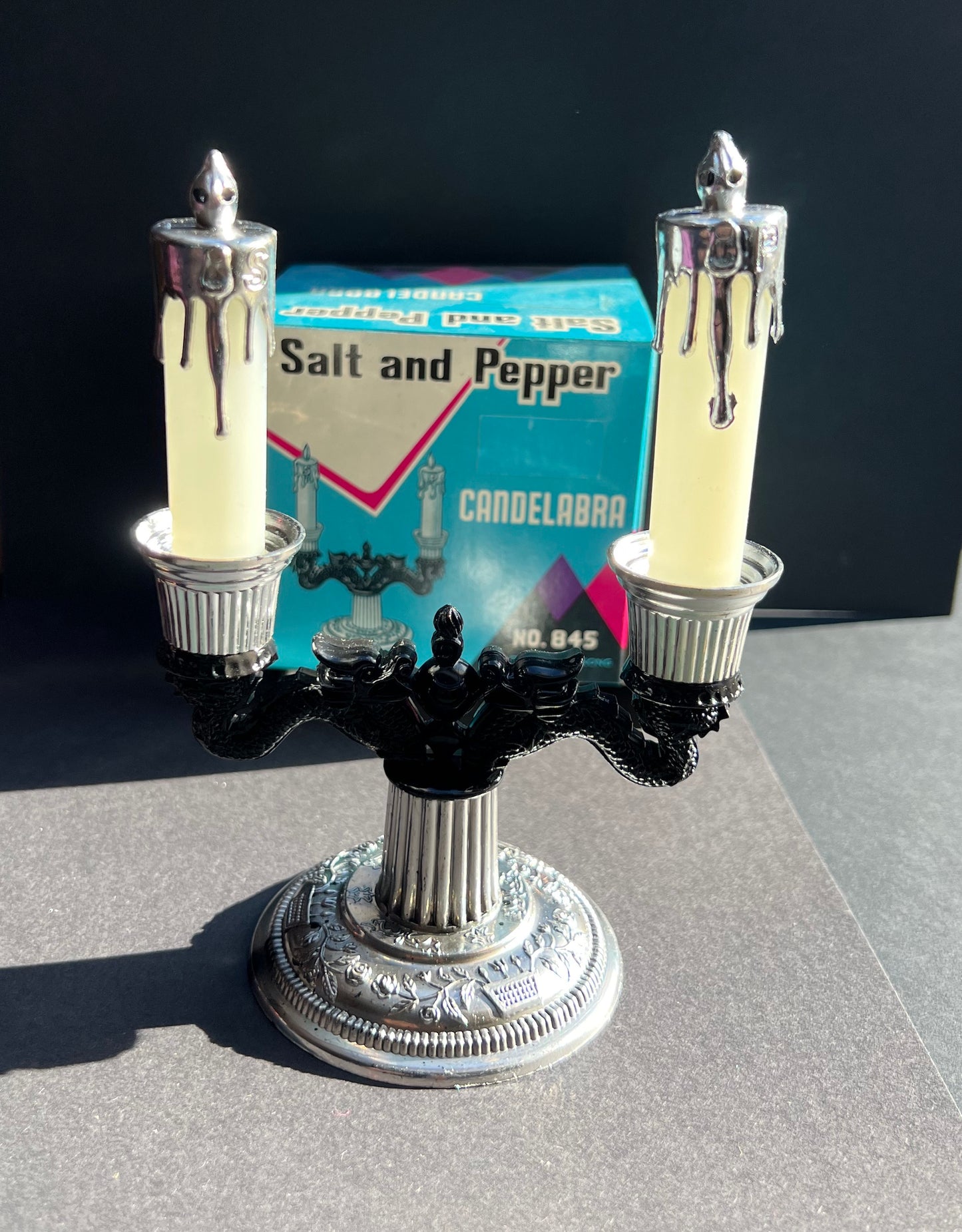 Kitsch Mid Century Dragon Candelabra Salt & Pepper Set- Boxed