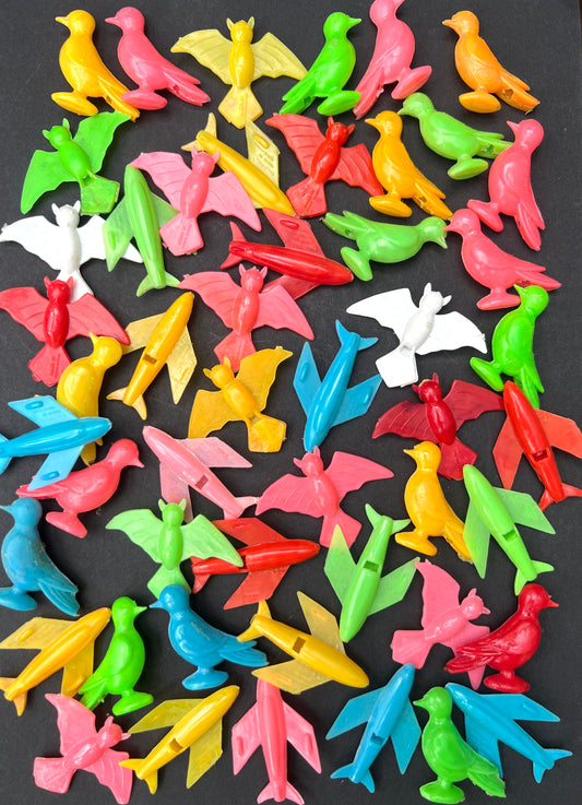 50 Plastic 5cm Birds, Bats and Planes Whistles Made in Hong Kong