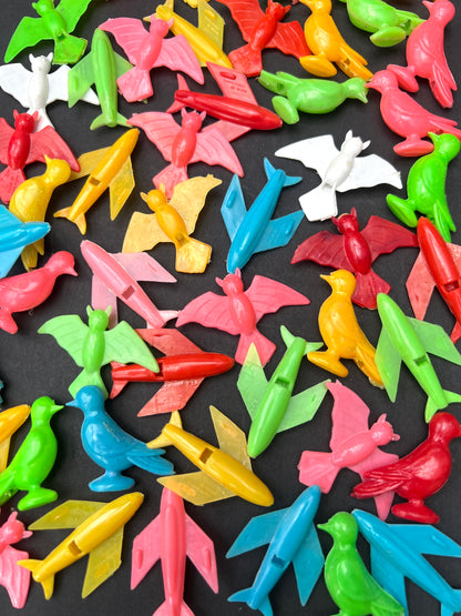 50 Plastic 5cm Birds, Bats and Planes Whistles Made in Hong Kong