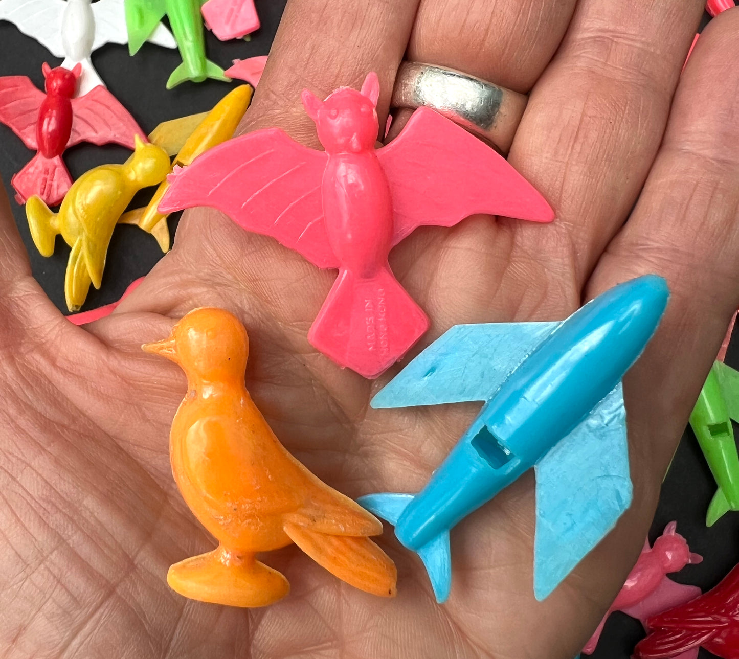50 Plastic 5cm Birds, Bats and Planes Whistles Made in Hong Kong
