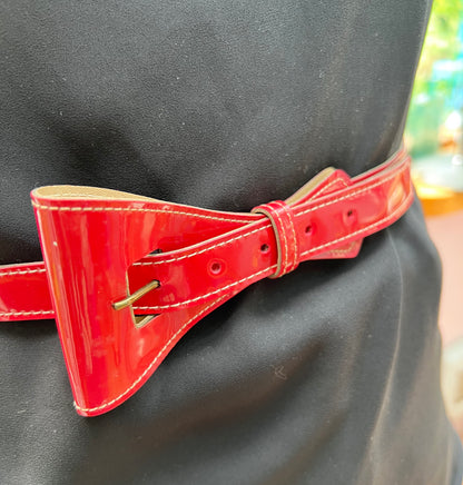 Unused 1940s Red Patent Vinyl Bow Belt - 3 sizes - 26" - 36"