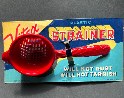 Wonderfully Ornate 1940s Plastic Strainer on Original Packaging